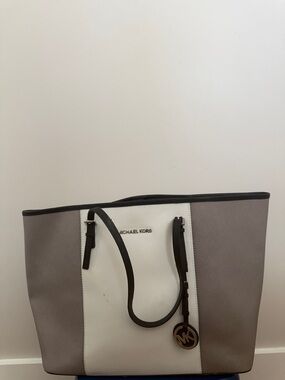 Michael Kors White and Taupe Colorblock Saffiano Tote